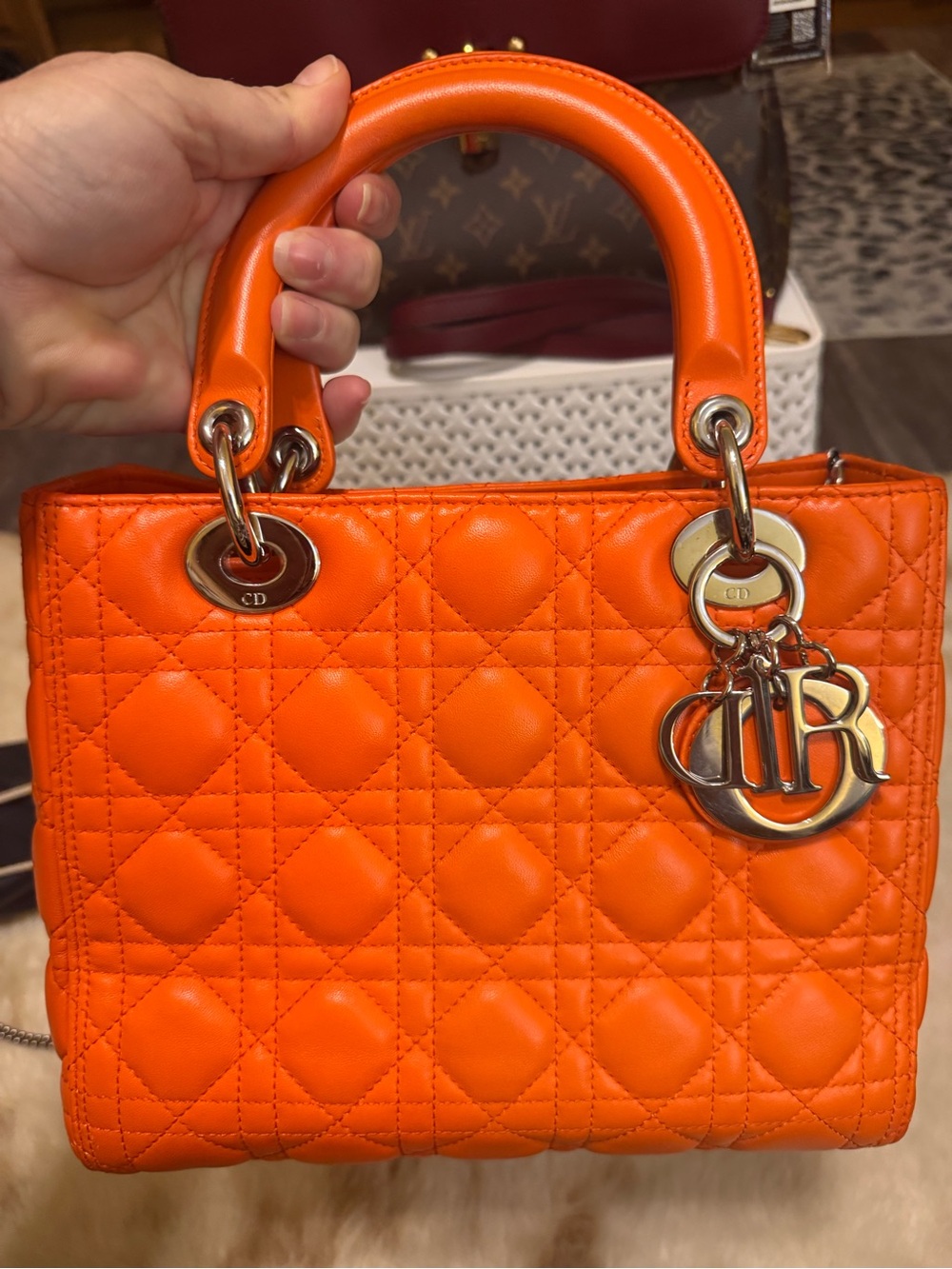Dior Orange Medium Lambskin Quilted Leather Lady Dior Top-Handle Bag with strap